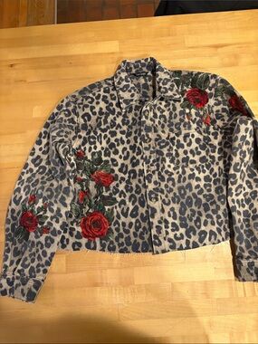 DRIFTWOOD Blue-Gray Leopard Denim Jacket with Red Rose Embroidery